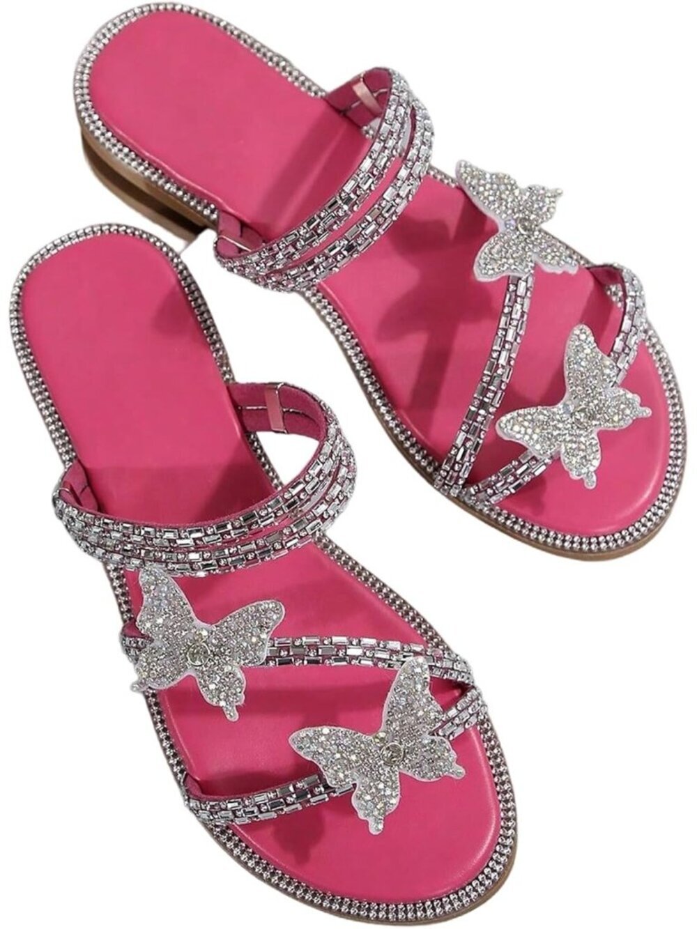 Women's Deep Pink Flat Loafers Sparkly Butterfly Strappy Open Toe Elegant Slides